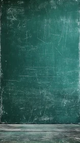 Worn green chalkboard stands above distressed wooden floor