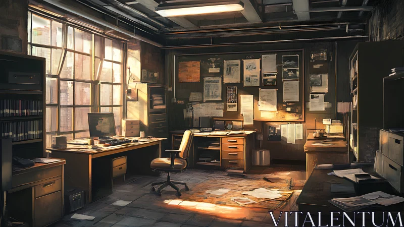 Sunlit detective office quietly rehearses unsolved stories