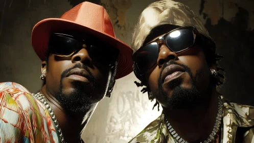 Twin swagger kings in glossy shades and streetlit glamour.