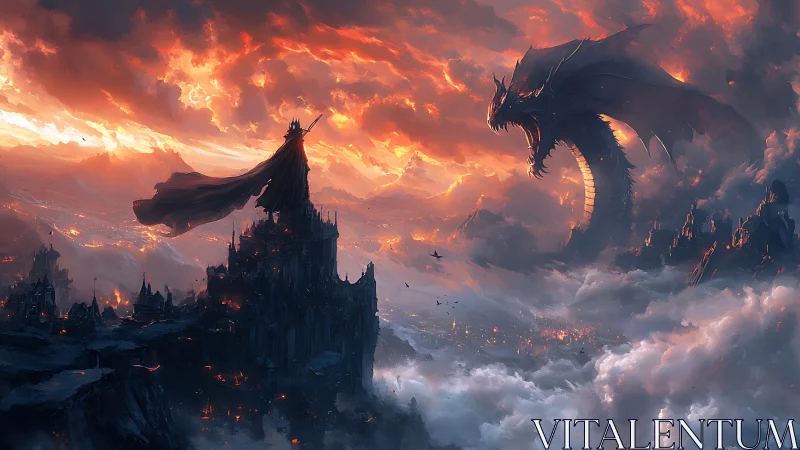 Stormlit dragon and lone hero facing a fiery sky together.
