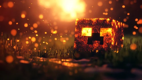 Glowing Lava Monster Block in Fiery Minecraft Landscape.