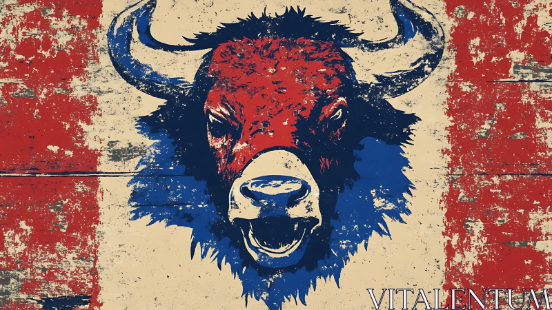 Weathered bison roar in red and blue frontier grit.