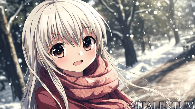 Anime winter portrait with soft-focus snowy forest backdrop.
