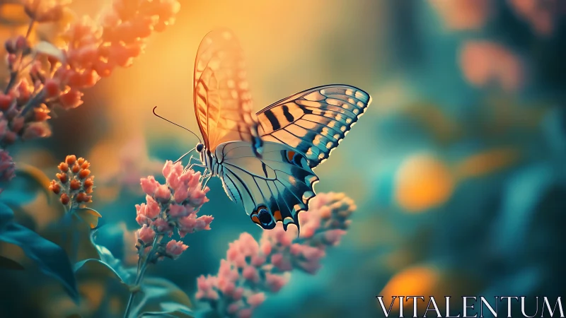 Gentle butterfly resting in dreamy flower garden light.