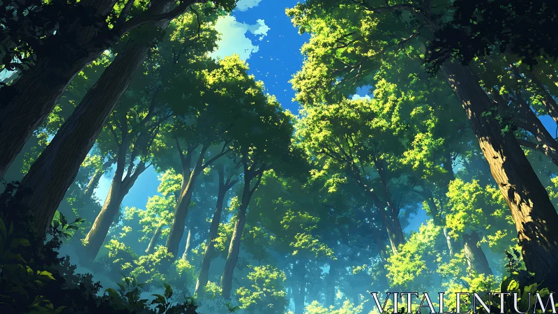 Sunlit Forest Canopy: Ancient Trees Frame Verdant Woodland Sanctuary.