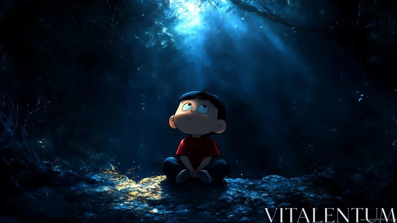 Boy in red shirt gazes at mystical blue forest light.