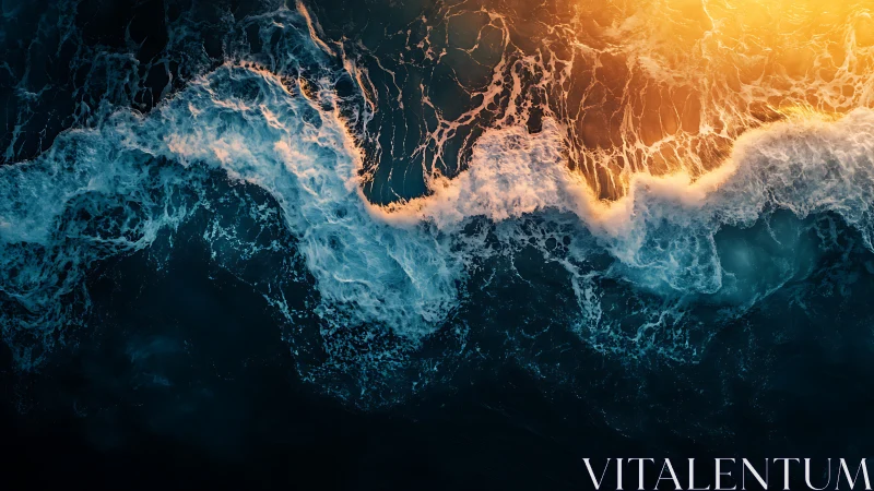 Sunlit surf ribbon where molten dusk ignites dark water.