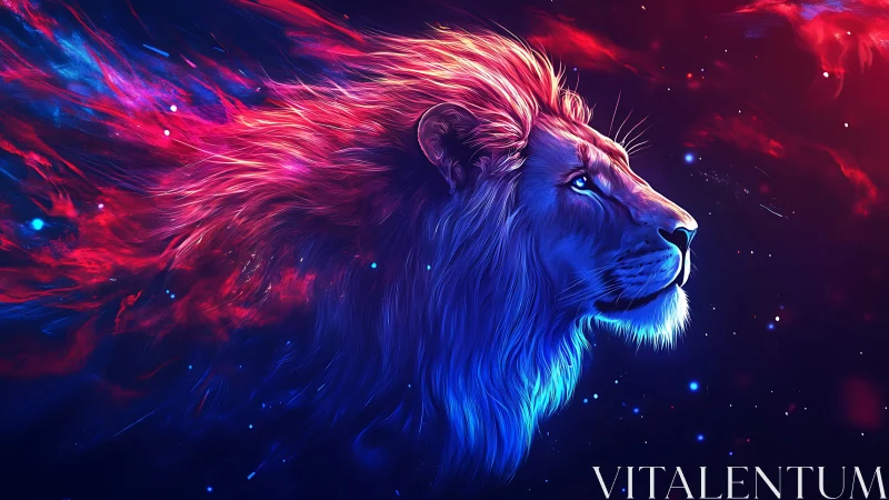 Spectral nebula lion rendered in high-chroma digital luminance.