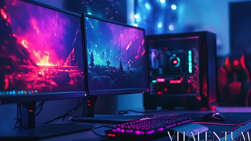 Dual gaming monitors show neon fantasy landscape scene