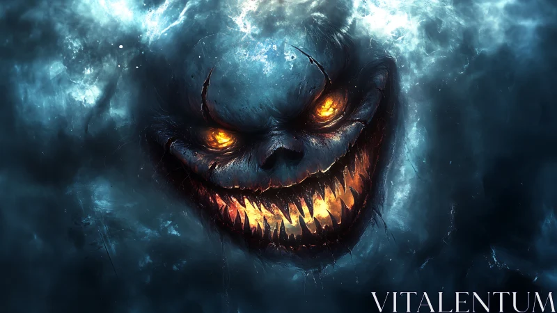 Demonic aquatic visage emerges from turbulent bioluminescent depths