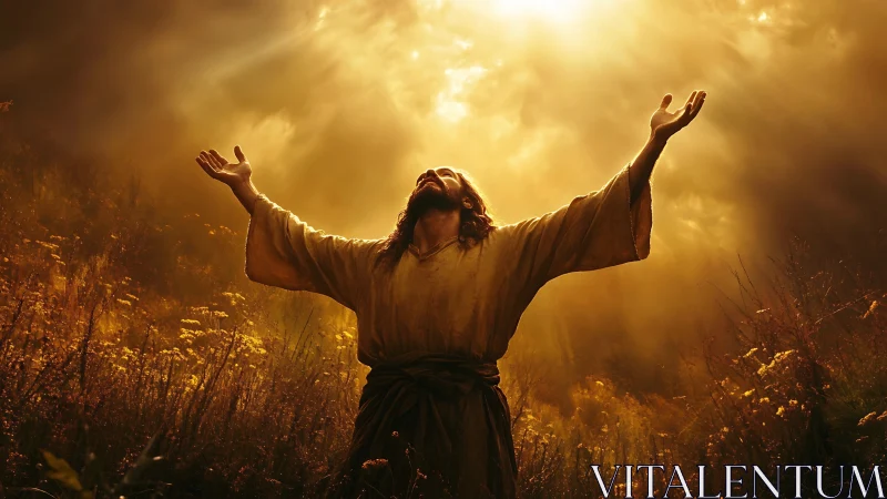 Photorealistic spiritual figure under dramatic golden backlight.