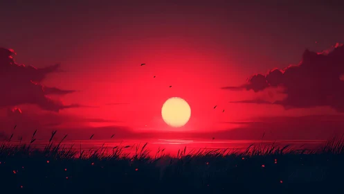 Crimson ocean sunset glows behind dark grass silhouette