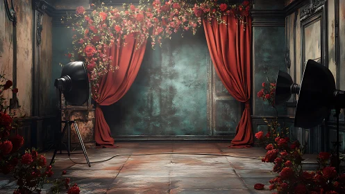 Studio backdrop integrates lighting equipment with floral drapery