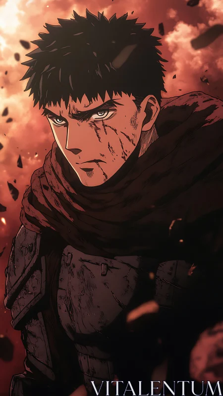 Battle-scarred warrior in red stormlit sky environment.