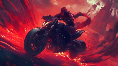 Armored rider powers a superbike through molten red inferno
