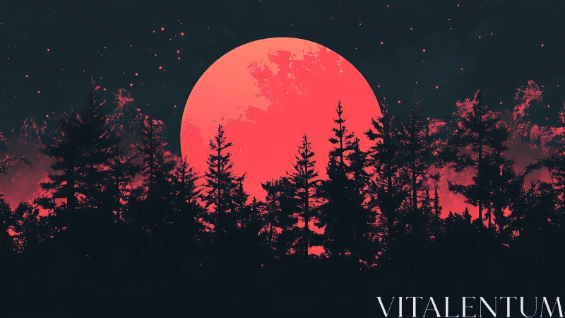 Red Moon Rises Over Silhouetted Forest.