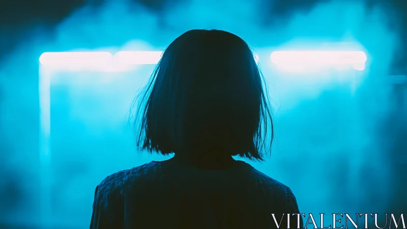 Silhouetted figure stands before diffuse cyan backlighting