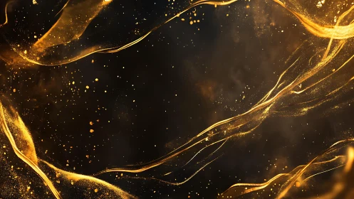 Abstract golden wave streaks on black background, digital art style.