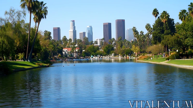 Downtown skyline rises beyond tranquil city park lake
