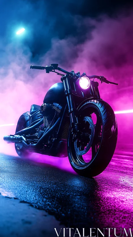 Neon-lit custom motorcycle cutting through urban mist.