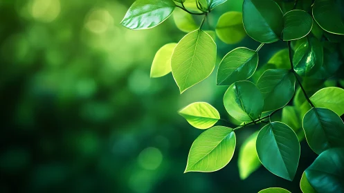 Sunlit green leaves glow softly against a blurred forest
