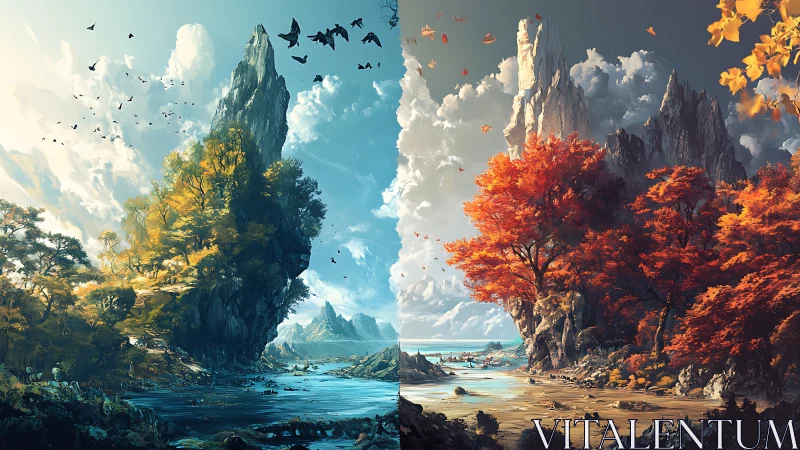 Fantasy cliffs divide lush autumn and summer valley.