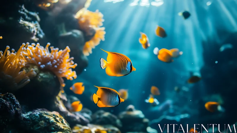 Tropical reef fish glow under sunlit underwater currents.