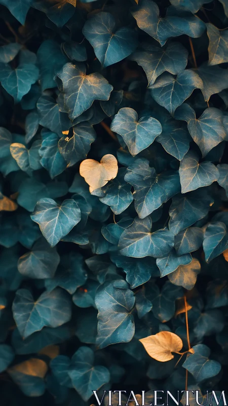 Dense ivy foliage with contrasting teal and ochre leaves.