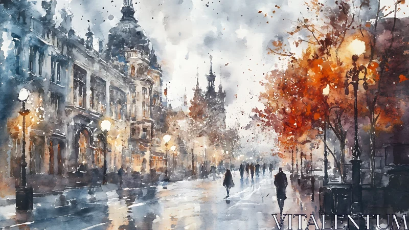 Evening rain softens a glowing city street into gentle poetry