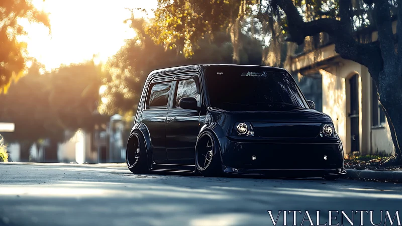 Lowered black boxy car parked on quiet sunlit street.