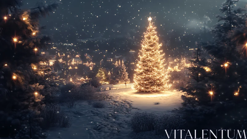 Snow covered hillside shows illuminated outdoor Christmas tree