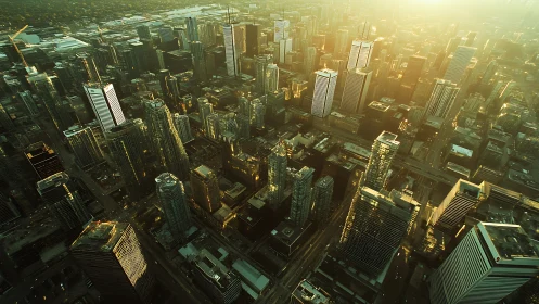 Aerial metropolis skyline bathes in cinematic golden backlight