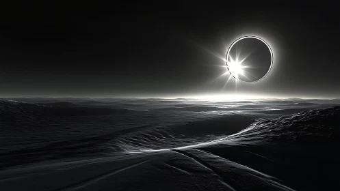 Solar eclipse over monochrome alien dune landscape.