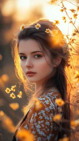 Young woman among yellow flowers in warm backlight portrait.