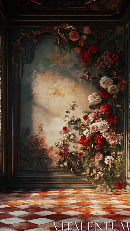 Floral arrangement climbs ornate wall in sunlit interior