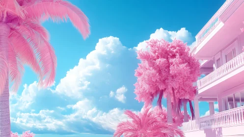 Cotton candy palms beside pastel modern resort balconies.