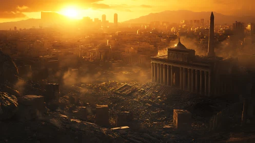 Ruined classical temple complex stands before dense sunset city