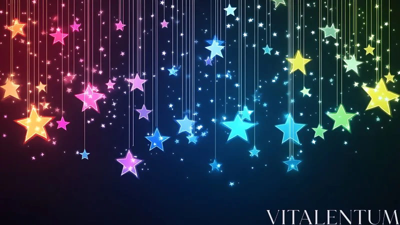 Radial gradient backdrop with suspended multicolor luminous star glyphs