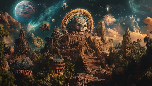 Alien jungle temple crowned by colossal skull under cosmos.