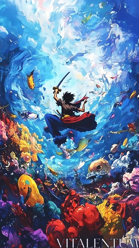 Sword-wielding hero dives through a swirling cosmic ocean