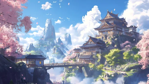Layered mountain temples under cherry blossoms and volumetric clouds