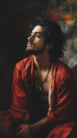 Velvet gaze in ember light, a quiet storm in red silk.