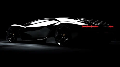 Low key rear three-quarter view shows dark sports car profile