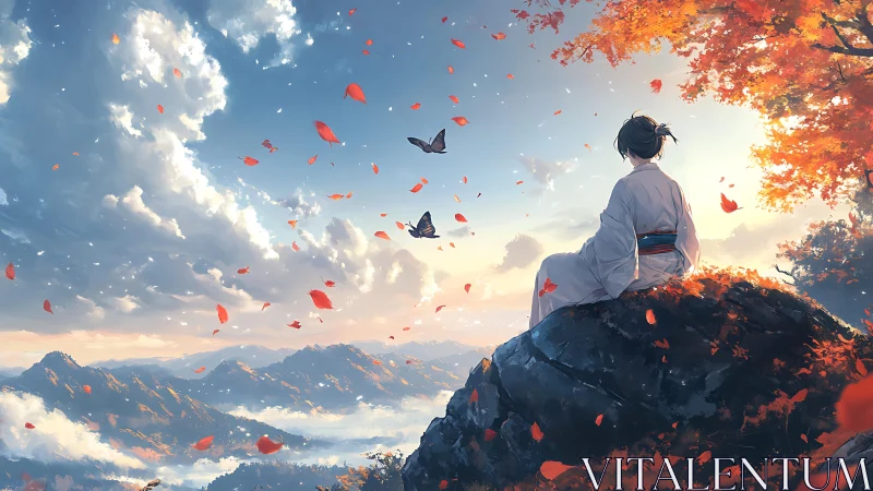 Figure on rocky cliff under autumn sky with distant mountains.