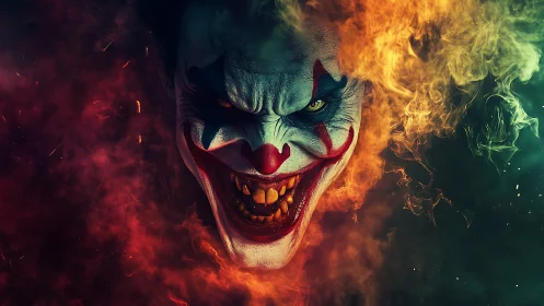 Sinister clown grinning through swirling fiery smoke.