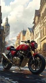 Red cafe racer motorcycle is parked on a wet old town street