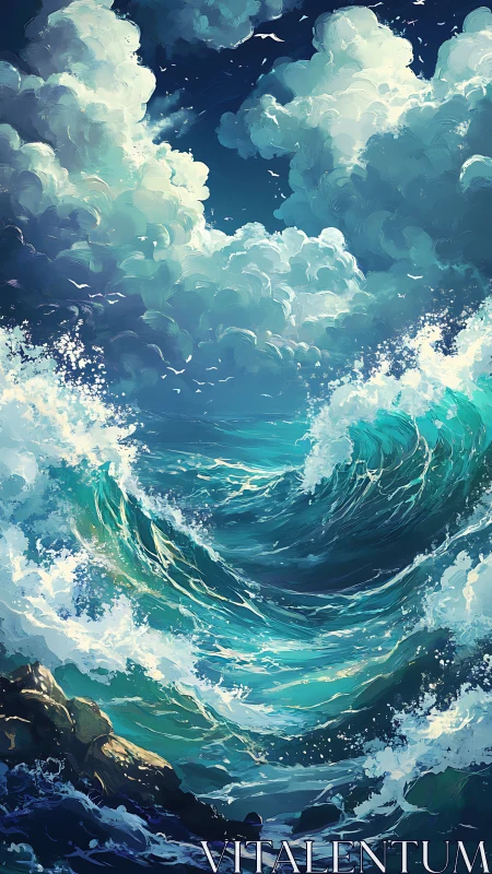 Roaring ocean waves rise beneath towering painted clouds.