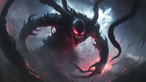 Voidborn tendril demon erupts from stormlit crimson fog.