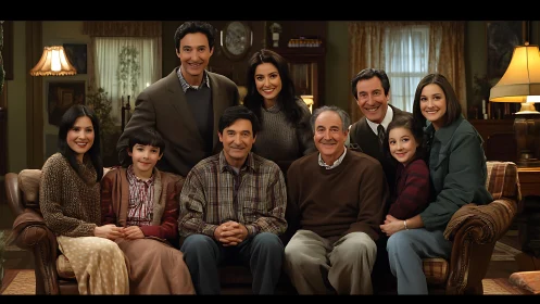 Multigenerational family sits on couches in warmly lit living room