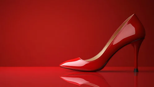 Elegant Red High Heel Shoe on Glossy Surface, Minimalist Style.
